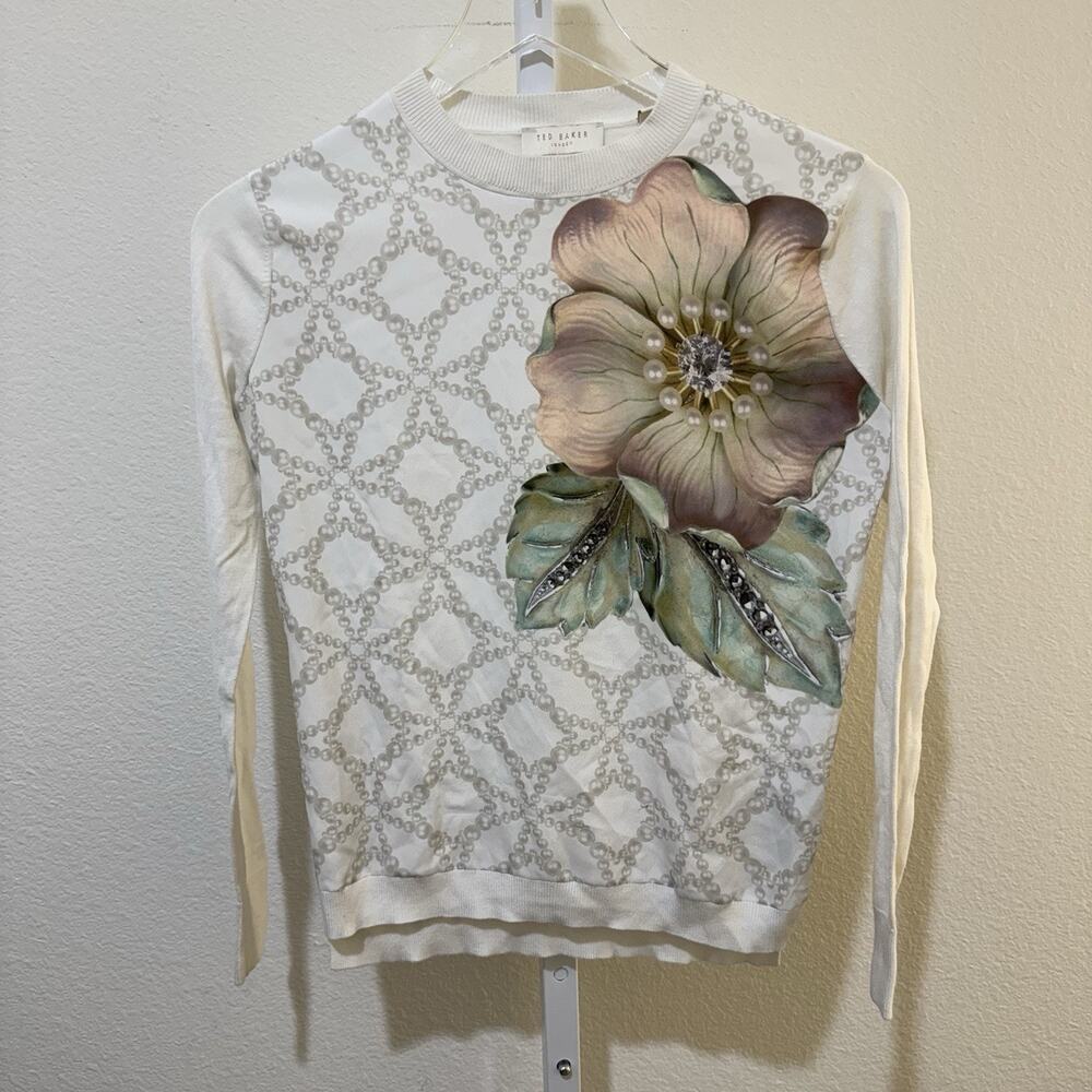 TED BAKER Gem Gardens geo pearl flower floral print knit jumper sweater top Sz 0